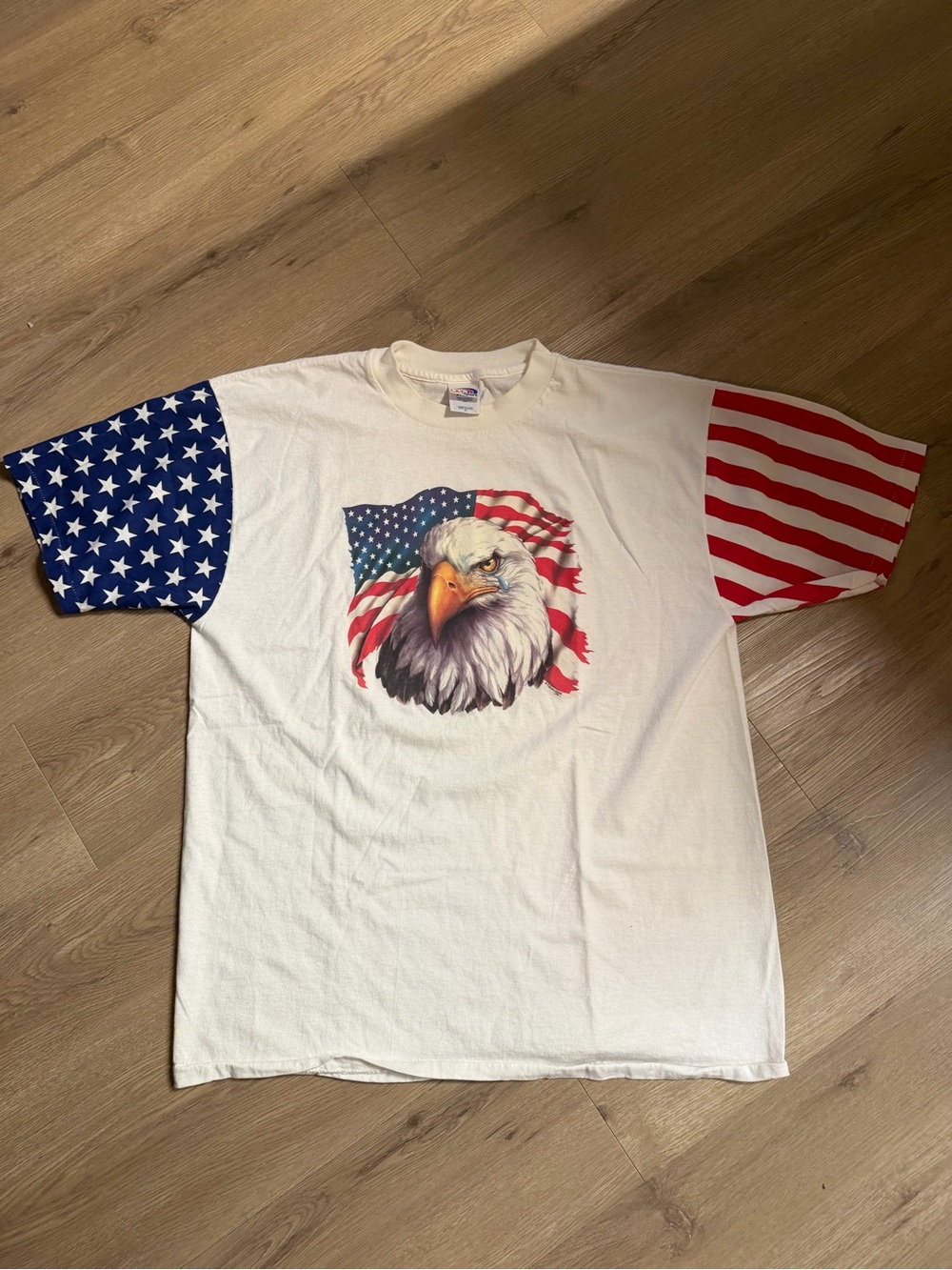Patriotic Eagle Graphic Tee - White with Red & Blue Sleeve